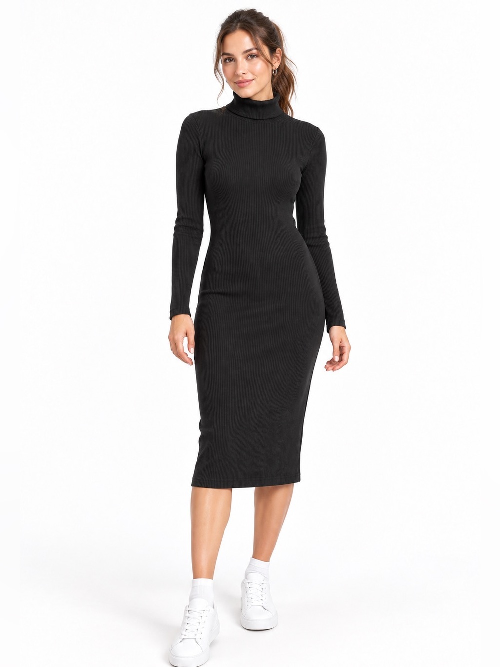 Pull&Bear Black Ribbed Turtleneck Midi Dress